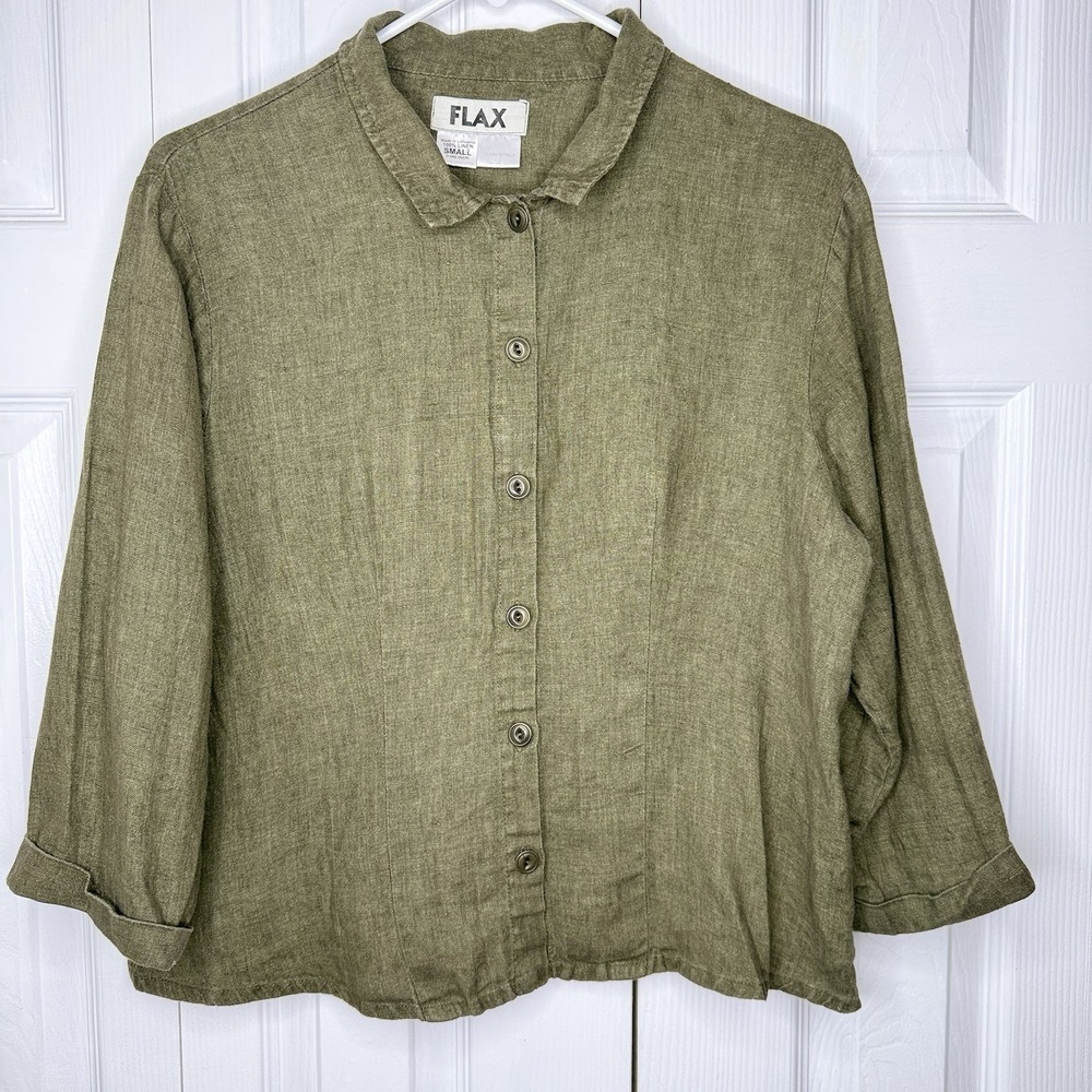 FLAX 100% Linen Shirt Womens Small Green Button Up 3/4 Sleeve Lagenlook Artsy